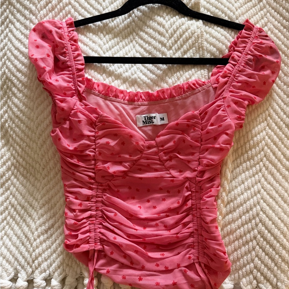 Tiger Mist Pink Floral Ruched Blouse